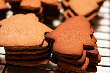 freshly baked gingerbread cookies cooling on racks - 401434478