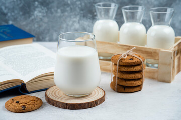 Delicious cookies with glass of milk and book