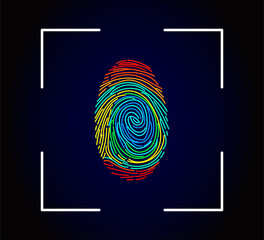 Editable vector outline image of rainbow fingerprint isolated on dark background. Finger scan identification system. Digital security concept. Vector illustration of Eps10 file. Editable stroke.