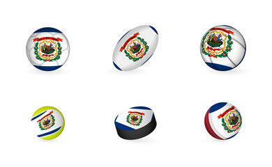 Sports equipment with flag of West Virginia. Sports icon set.