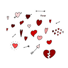 Doodle Valentine's Day set. Hand drawn red love symbols isolated on white background. Cute pink greeting cards, hearts, arrows. February 14, wedding, marry me sign. Vector Valentines illustration