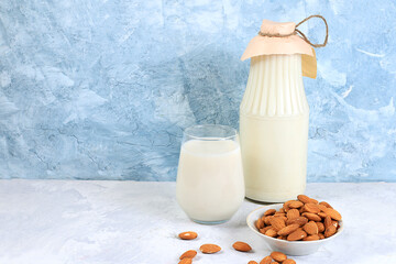 Almond vegan alternative milk lactose and gluten free, no allergies, healthy eating concept, maintaining healthy intestinal microflora, diet food, weight loss, selective focus