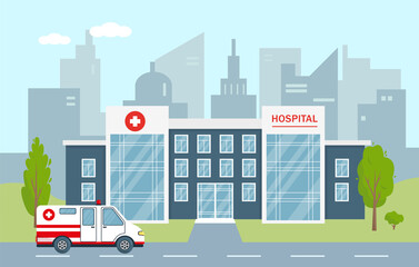 Hospital building and ambulance car in city. © Елена Истомина