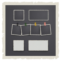 Memory photos composition. Retro nostalgic empty black film snapshot collage. vintage photo frames glued with color adgesive tape sticker set . Ripped torn square paper edge. Old-fashioned style