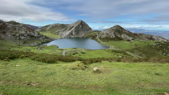 Lakes of Covadonga Establishing Shot of the Lake and the Mountains 4K 60FPS