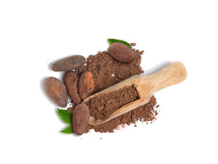 cocoa powder and cocoa beans on a white background