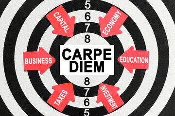 On the target, arrows with business lettering point to the center on a business card with the inscription - CARPE DIEM