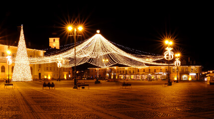 view of the empty Big Square from Sibiu city with Christmas lights and Christmas tree