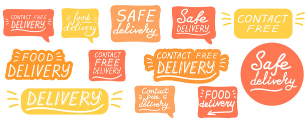Contact free delivery. Big lettering calligraphy set. Safe delivery. Vector eps brush trendy orange sticker with text isolated on white background for banners, templates, postcards.