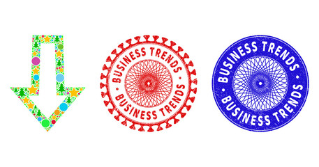 Arrow down collage of New Year symbols, such as stars, fir trees, colored round items, and BUSINESS TRENDS grunge stamp seals. Vector BUSINESS TRENDS imprints uses guilloche ornament,