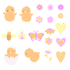 Fototapeta premium spring chicken with flowers, hearts and bugs on the white background