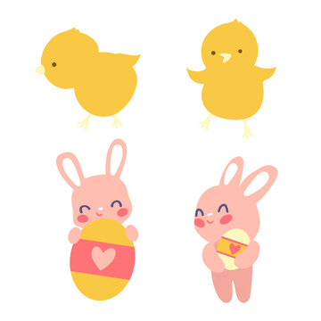 
two bunnys and two chicken