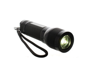 swich on portable small black metal lantern lit isolated on white background