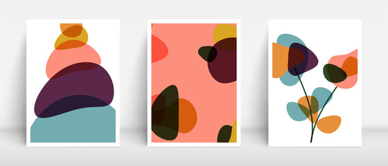 Mid century colors boho style backgrounds for home decor . Organic fluid drops. Balanced stones. Flowers and abstract blobs pattern. cover, brochure, leaflet, annual report, wall decoration design. 