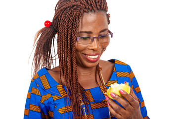 beautiful adult business woman eating a fresh apple