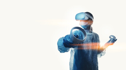 woman doctor in a helmet of viotual reality with manipulators in hands on a white background. the concept of conducting remote operations using modern VR technologies - 401439402