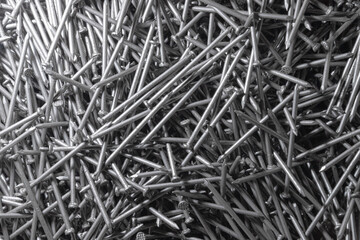 Metal Nails. Texture. Many new long iron nails. Background for wallpaper.