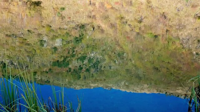 Reflection of mountain side covered with dry yellow grass in mountain lake. Sunny autumnn wamr day with nice weather.