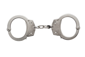 Pair of steel handcuffs isolated on white background. Silver metal handcuffs on white