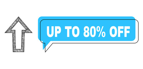 Speech Up to 80% Off blue cloud frame and net mesh arrow up. Frame and colored area are shifted to Up to 80% Off caption, which is located inside blue speech balloon.