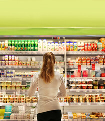 Woman choosing a dairy products at supermarket.