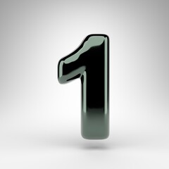 Number 1 on white background. Green chrome 3D number with glossy surface.