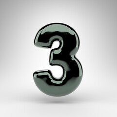 Number 3 on white background. Green chrome 3D number with glossy surface.
