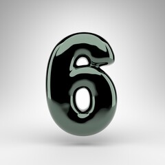 Number 6 on white background. Green chrome 3D number with glossy surface.