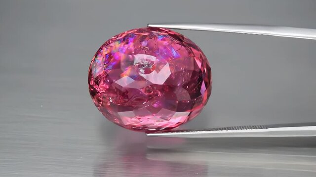 natural pink tourmaline rubellite on the grey background