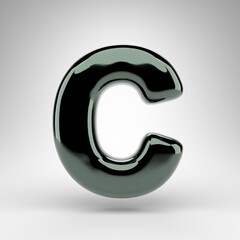 Letter C uppercase on white background. Green chrome 3D letter with glossy surface.
