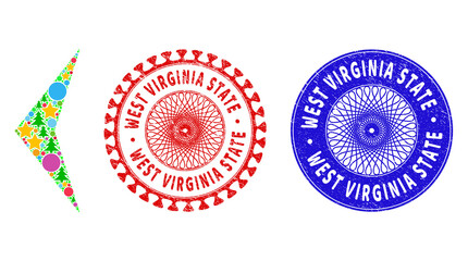 Arrowhead left collage of Christmas symbols, such as stars, fir-trees, color spheres, and WEST VIRGINIA STATE dirty seals. Vector WEST VIRGINIA STATE stamp seals uses guilloche ornament,