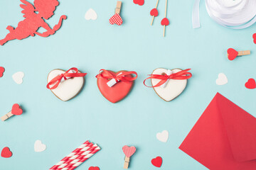 Secret messages and wishes for lover concept. Above close up view photo of tasty homemade cookies...