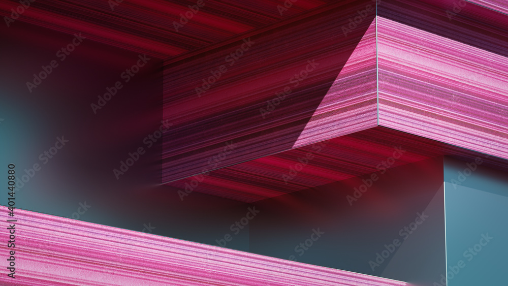 Poster geometric shapes, big angular architectural figures colorful cubes, blocks structure, 3d rendering
