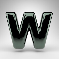 Letter W uppercase on white background. Green chrome 3D letter with glossy surface.