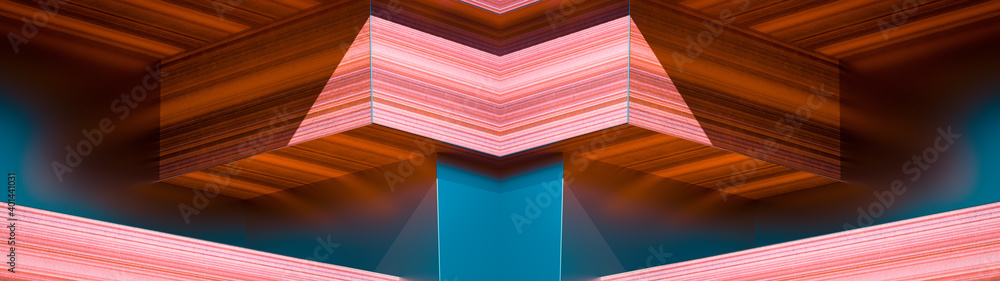 Poster geometric shapes, big angular architectural figures colorful cubes, blocks structure, 3d rendering