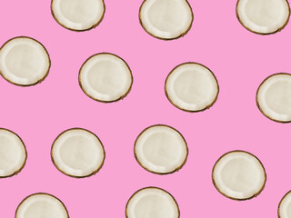 minimalistic tropical pattern with exotic coconut fruit on a pink background