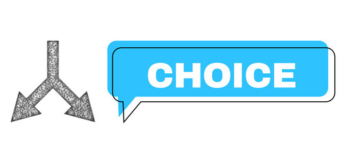 Chat Choice blue cloud message and wire frame bifurcation arrow down. Frame and colored area are shifted for Choice phrase, which is located inside blue speech balloon.