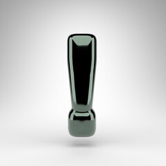 Exclamation point symbol on white background. Green chrome 3D sign with glossy surface.