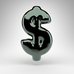 Dollar symbol on white background. Green chrome 3D sign with glossy surface.