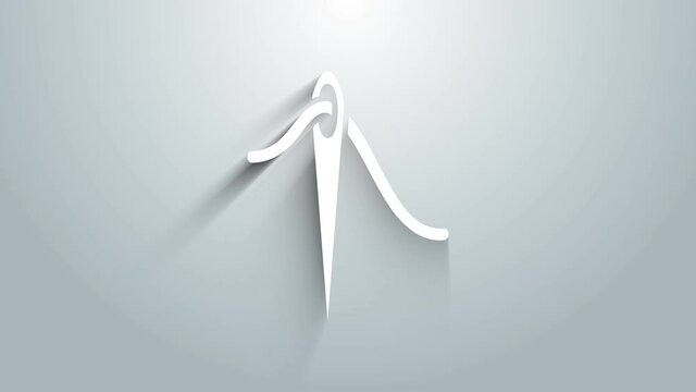 White Needle for sewing with thread icon isolated on grey background. Tailor symbol. Textile sew up craft sign. Embroidery tool. 4K Video motion graphic animation