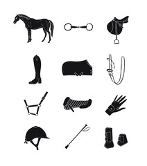 Vector set bundle of black hand drawn doodle sketch horse riding equestrian equipment icon isolated on white background