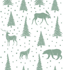 Vector seamless pattern of mint hand drawn doodle sketch forest animals and spruce trees isolated on white background