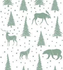 Wallpaper murals Forest animals Vector seamless pattern of mint hand drawn doodle sketch forest animals and spruce trees isolated on white background