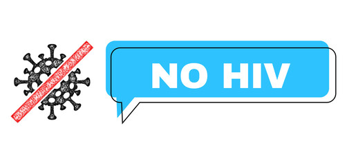 Speech No HIV blue cloud message and wire frame cancel coronavirus. Frame and colored area are shifted for No HIV label, which is located inside blue colored speech balloon.