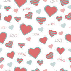 Obraz na płótnie Canvas beautiful cute seamless pattern with pink heart shapes with words lettering love and kiss on Valentine's Day holiday for textiles and gift paper