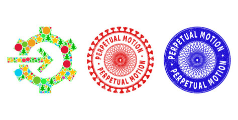 Cog integration composition of New Year symbols, such as stars, fir trees, colored round items, and PERPETUAL MOTION dirty seals. Vector PERPETUAL MOTION stamps uses guilloche pattern,