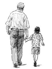 Sketch of elderly man with his grandson walking outdoors