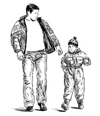 Sketch of young father and his son walking for a stroll together