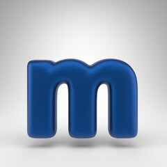 Letter M lowercase on white background. Anodized blue 3D letter with matte texture.