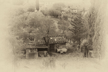 Photo-illustration of a small shack in an olive grove in Certaldo, Tuscany, Italy.